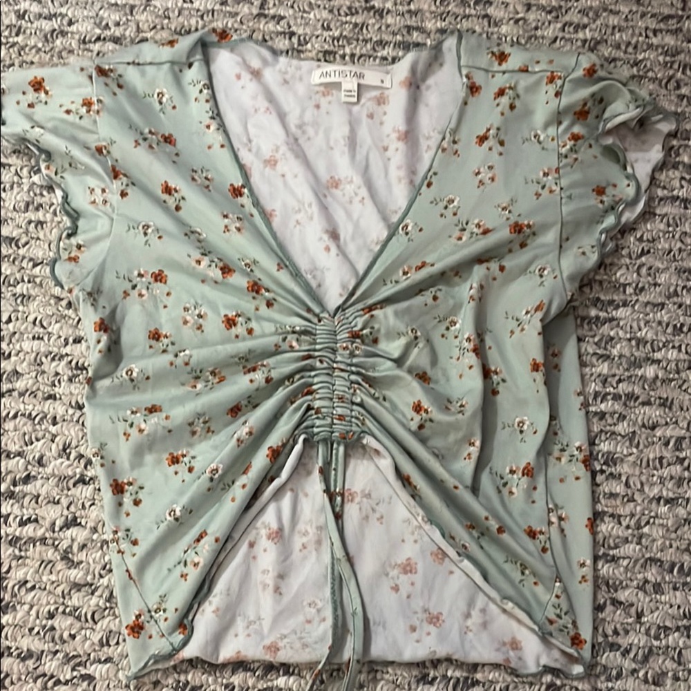 Floral Ruched Top - Light Blue-teal